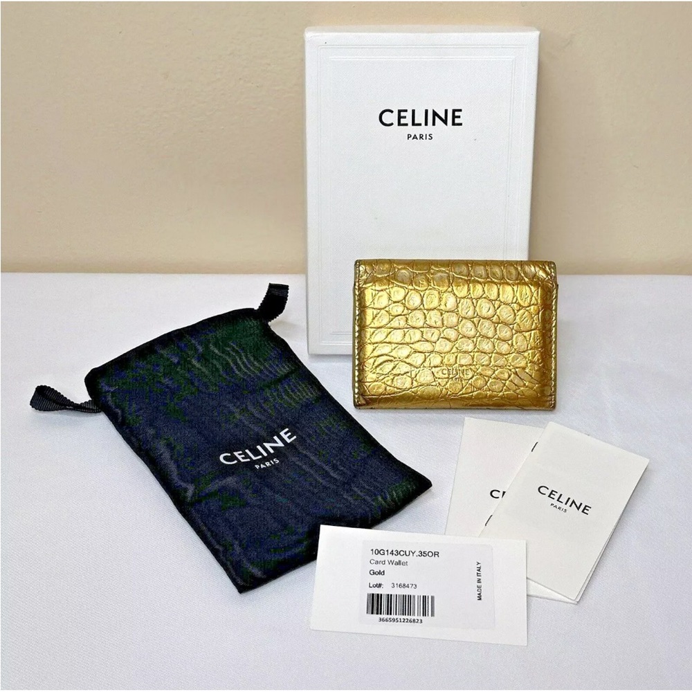 Celine Gold Embossed Leather Card Case Wallet W/ Dust Bag, Box & Papers